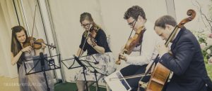 A Manchester wedding string quartet play in a marquee during the drinks reception.